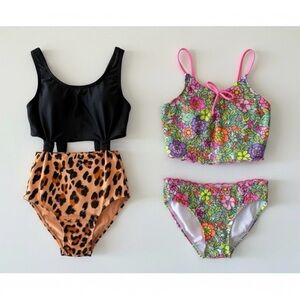 Cat & Jack Art Class Swimsuit Bundle Girls 4/5 Floral Tankini Leopard One-Piece
